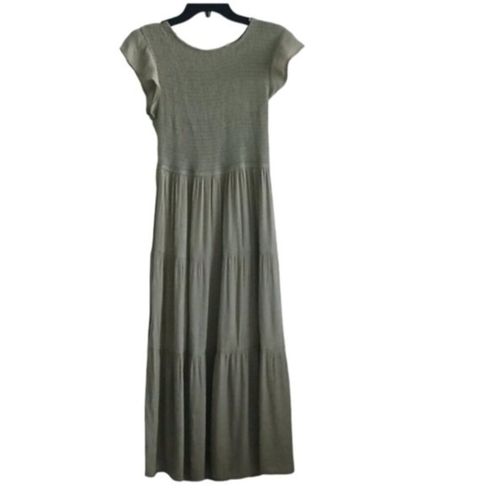 By The River Midi Dress Smocked Green Flutter Sleeve Prairie Boho Sz.L
